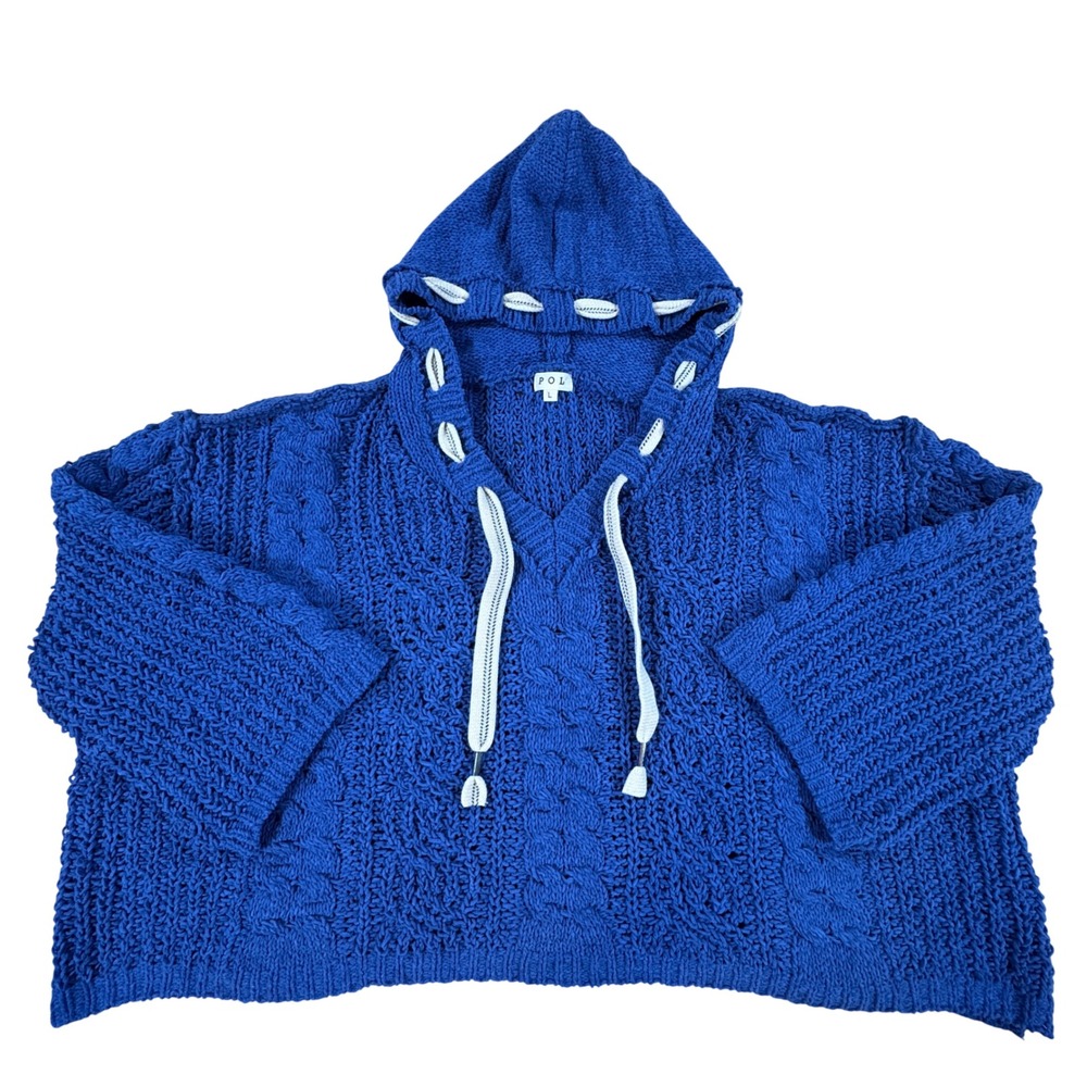 POL Blue Cable Knit Hooded‎ Sweater Oversized Chenille Pullover YST410 Women's L